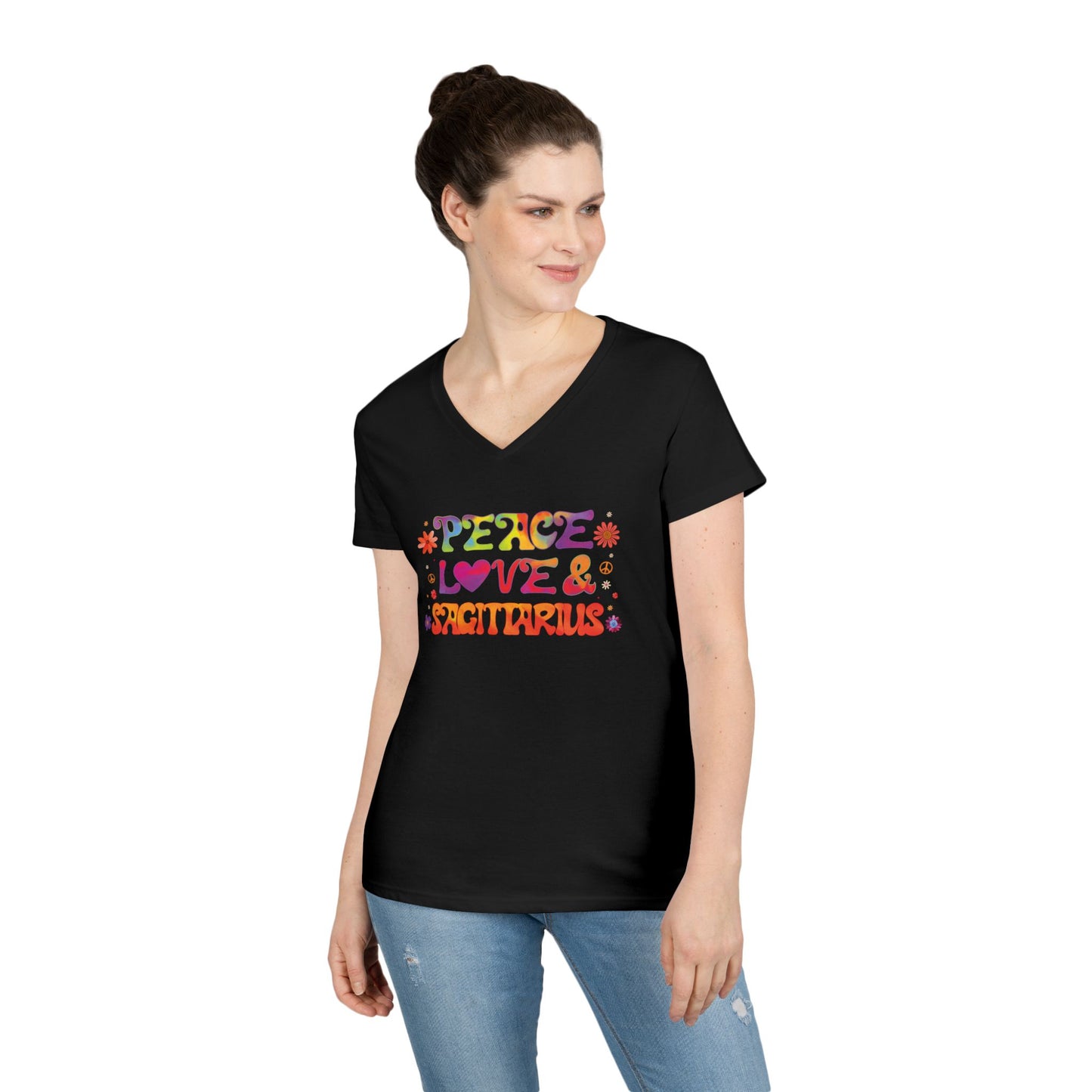 Peace Love Sagittarius Women’s V-Neck Tee – Empowering Retro Zodiac Shirt