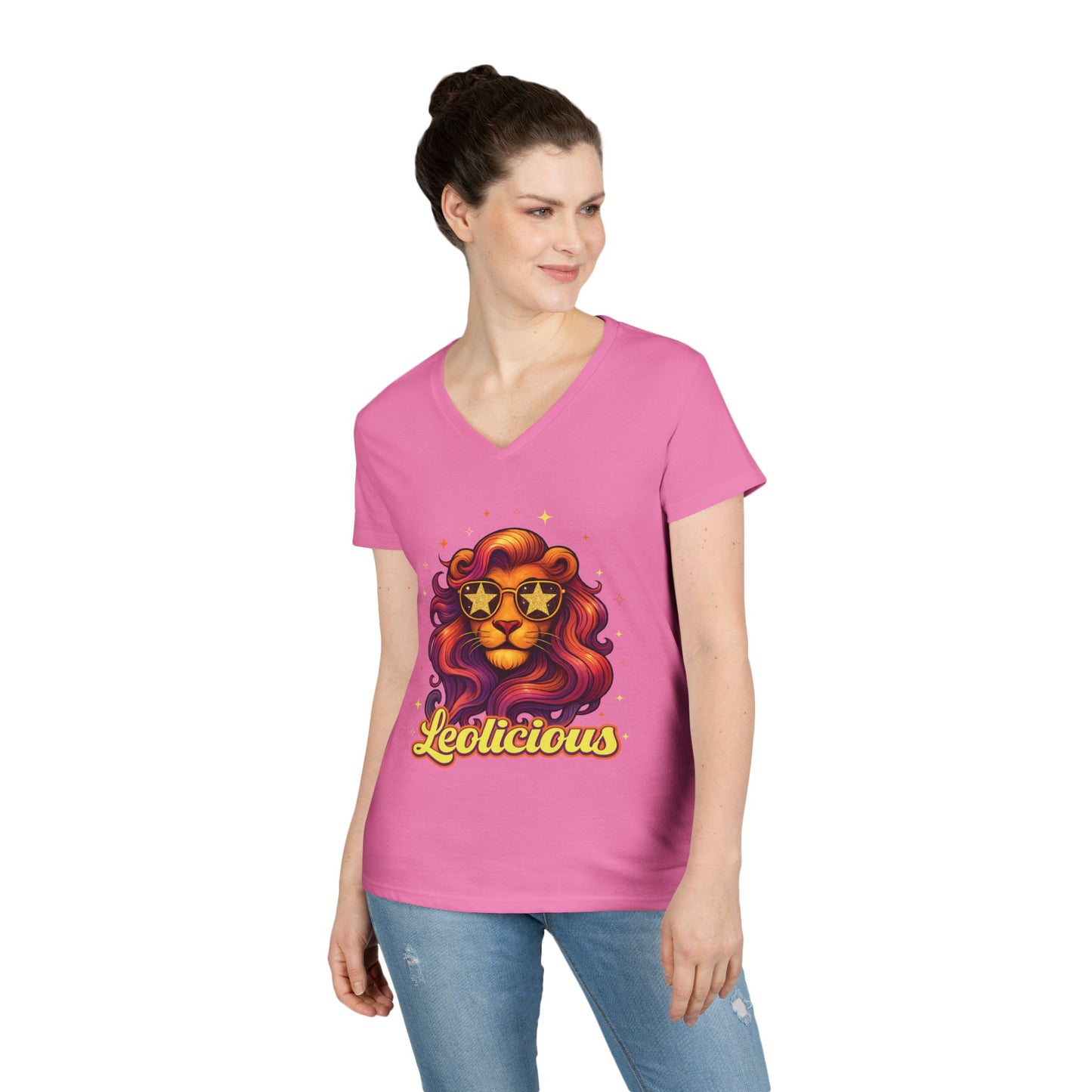 Leolicious Women’s V-Neck Tee – Empowering Retro Lion Zodiac Shirt