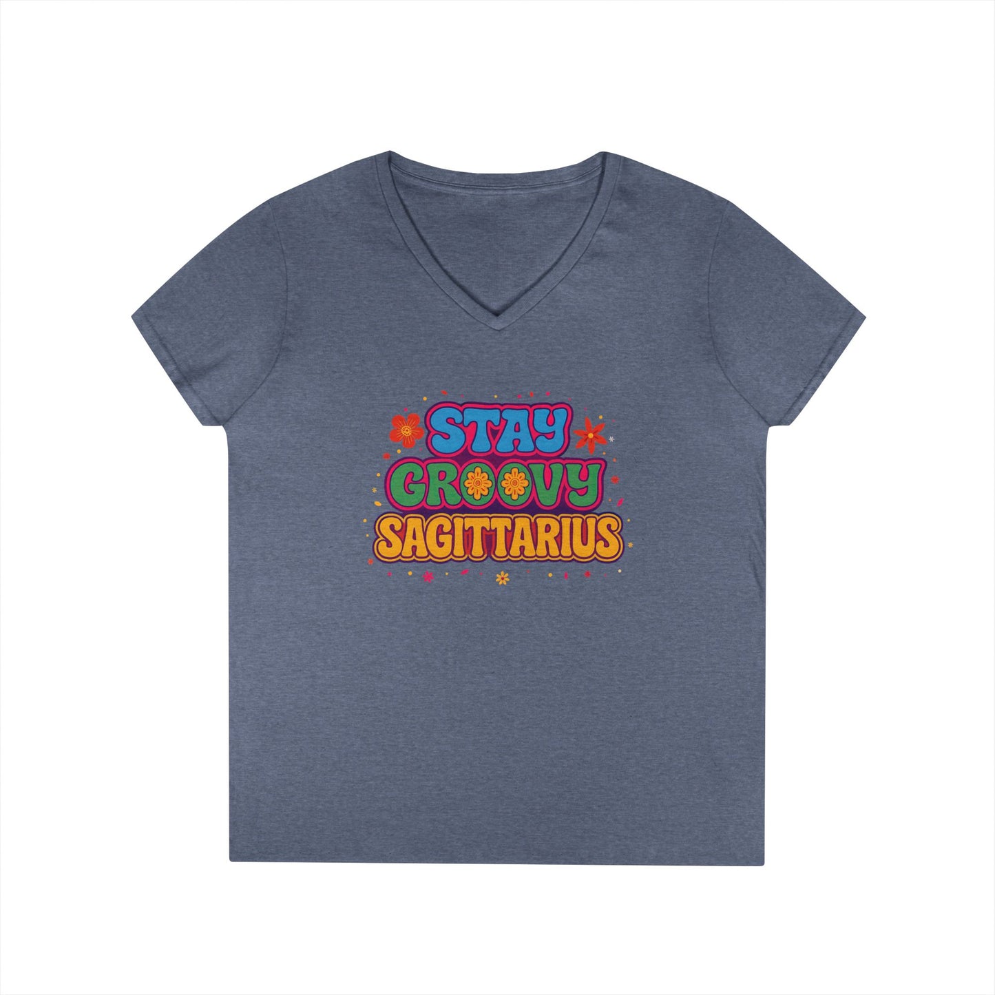Stay Groovy Sagittarius Women’s V-Neck Tee – Empowering Retro Zodiac Shirt