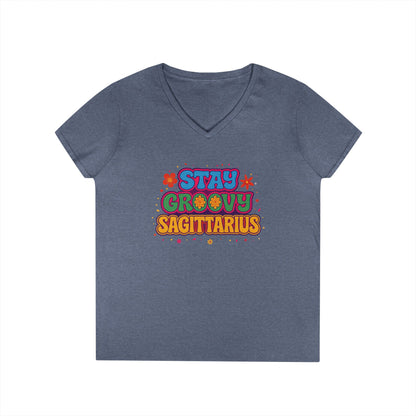 Stay Groovy Sagittarius Women’s V-Neck Tee – Empowering Retro Zodiac Shirt