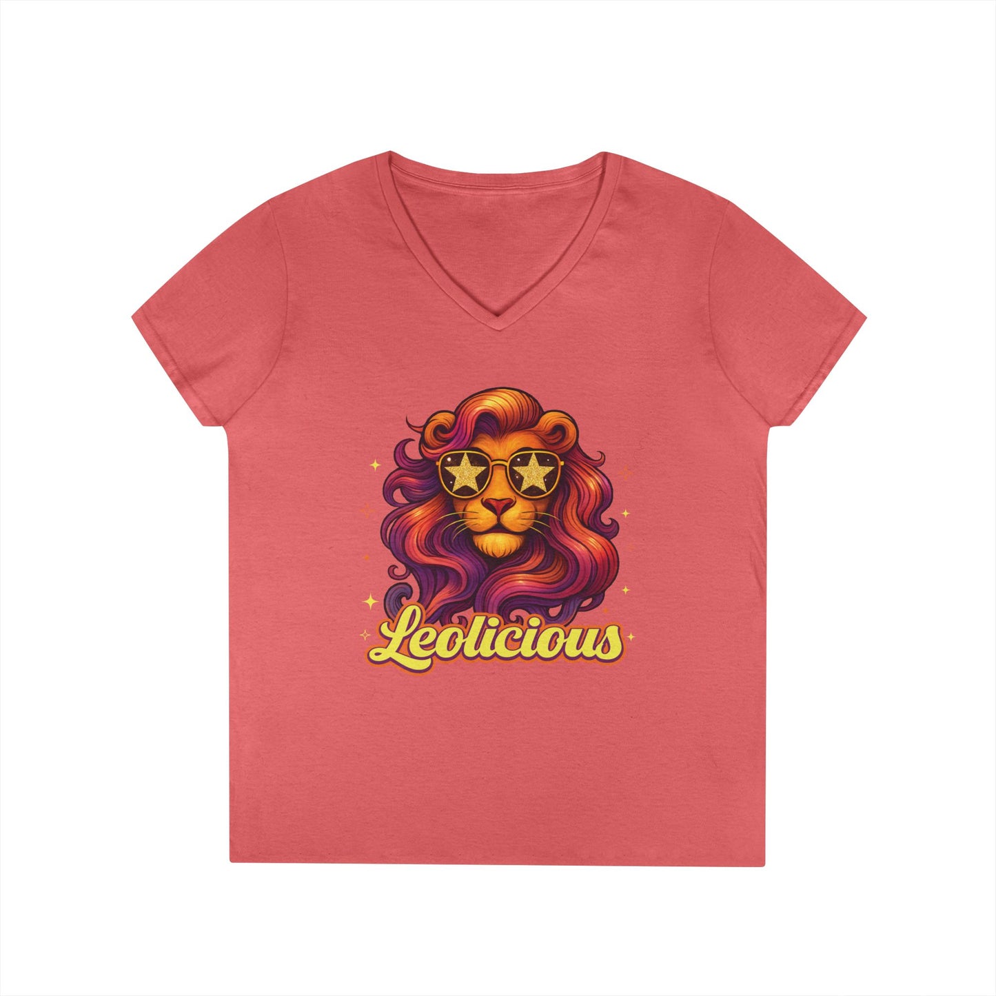 Leolicious Women’s V-Neck Tee – Empowering Retro Lion Zodiac Shirt