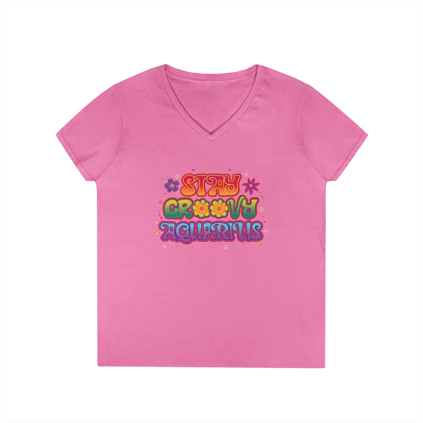 Stay Groovy Aquarius Women’s V-Neck Tee – Empowering Retro Zodiac Shirt