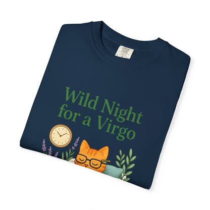 Wild Night for a Virgo – Cozy Cat Tee for Bookish Earth Signs