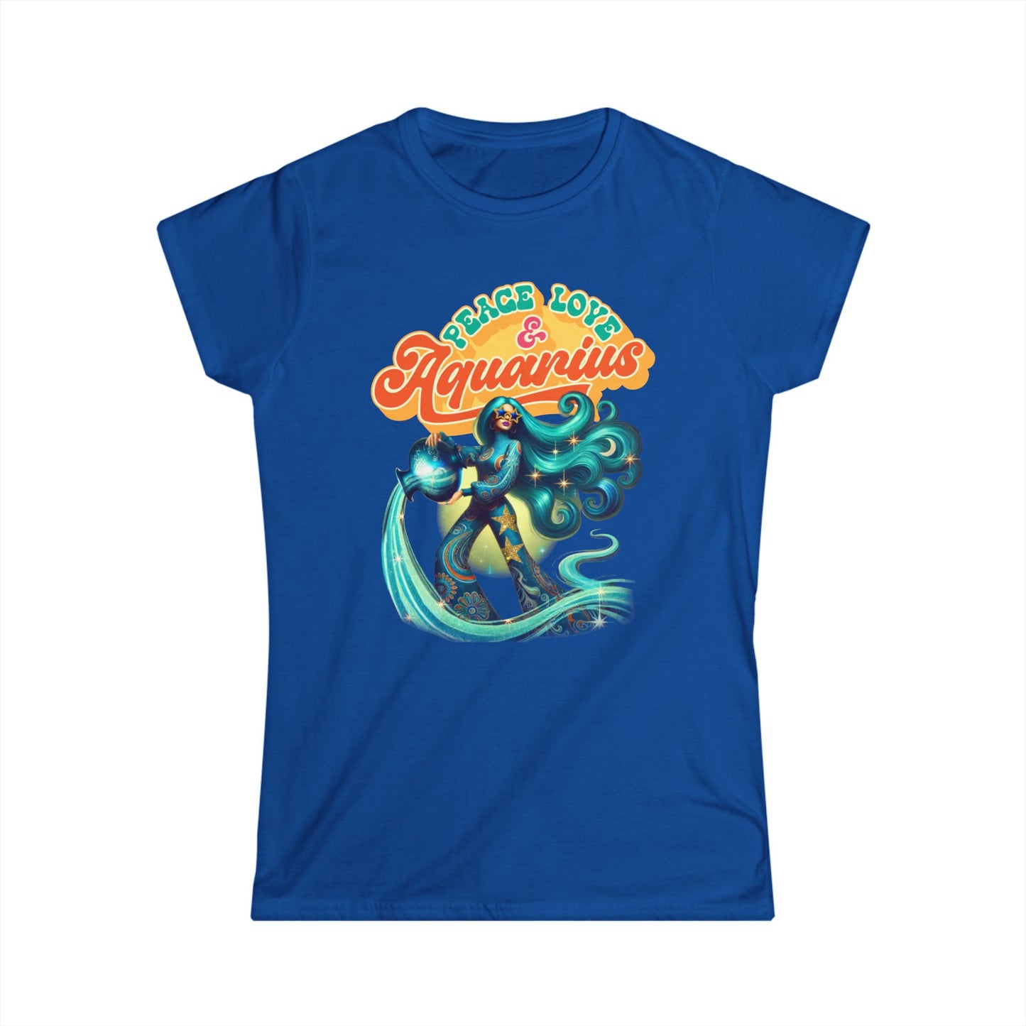 Peace Love Aquarius Women’s Softstyle Tee – Empowering Retro Zodiac Shirt