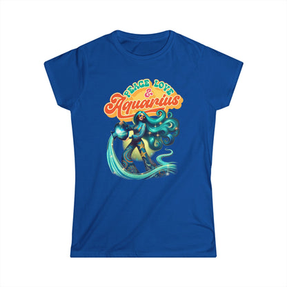Peace Love Aquarius Women’s Softstyle Tee – Empowering Retro Zodiac Shirt