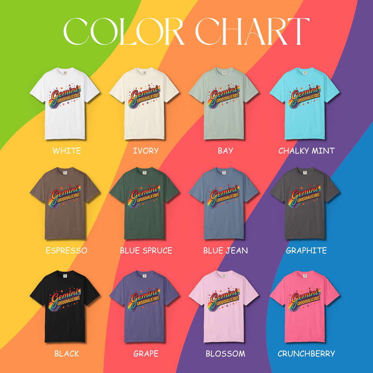 Gemini Groovalicious - Retro Disco Rainbow Zodiac Tee - Enchanted Sky