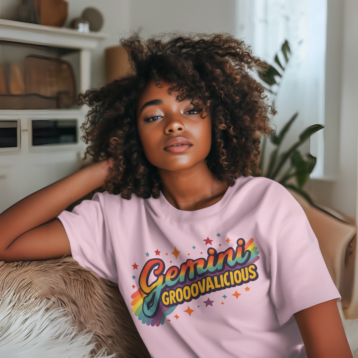 Gemini Groovalicious - Retro Disco Rainbow Zodiac Tee - Enchanted Sky
