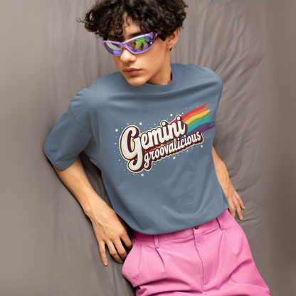 Gemini Groovalicious - Retro Rainbow Script Zodiac Tee