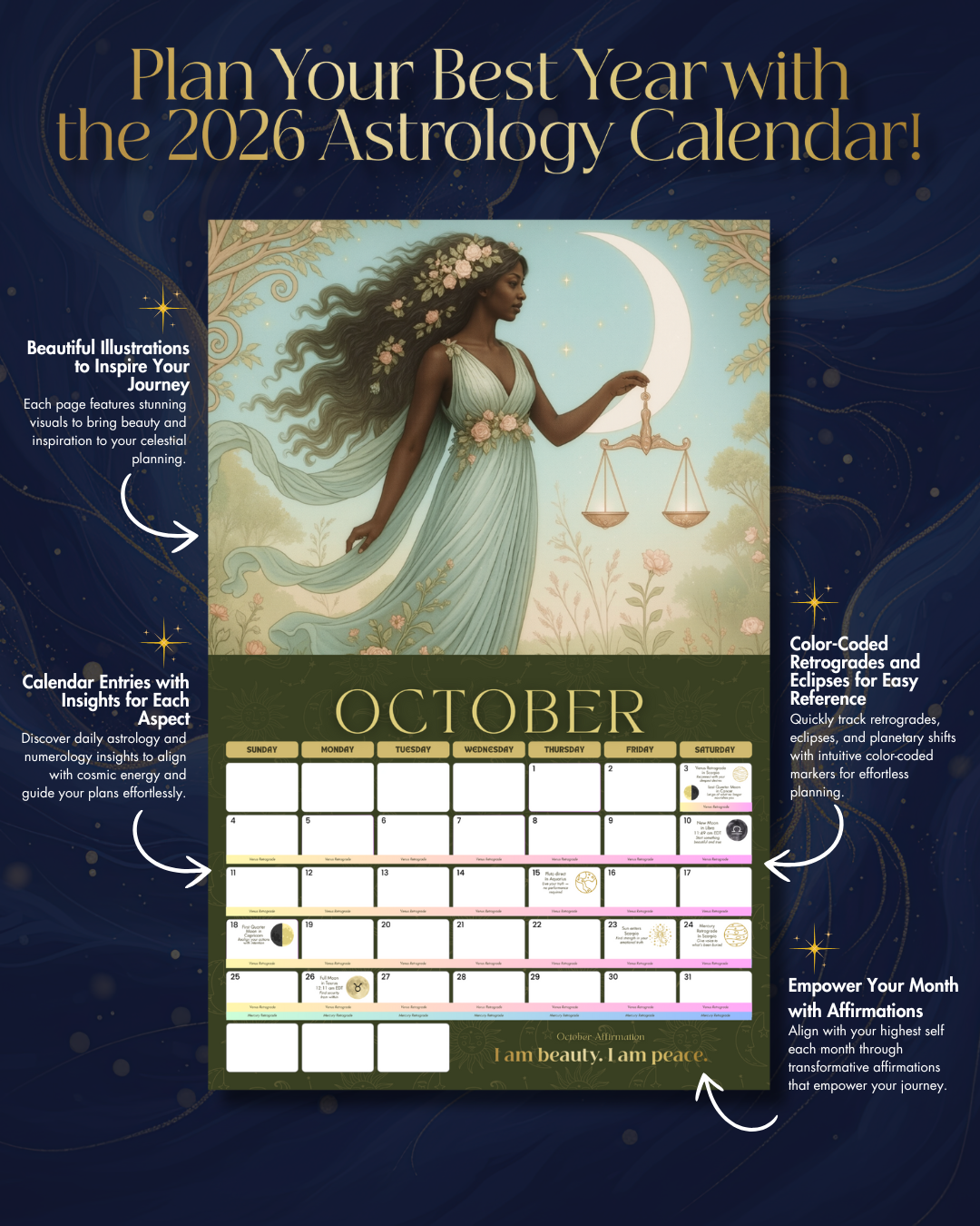 2026 Astrology - Art Nouveau Goddess Wall Calendar