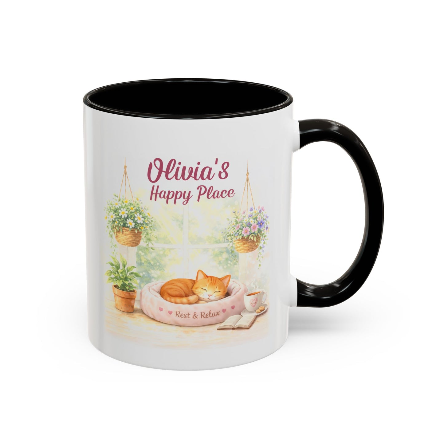 Personalized Name Cat Mug - Custom "Happy Place" Ceramic Mug for Cat Lovers