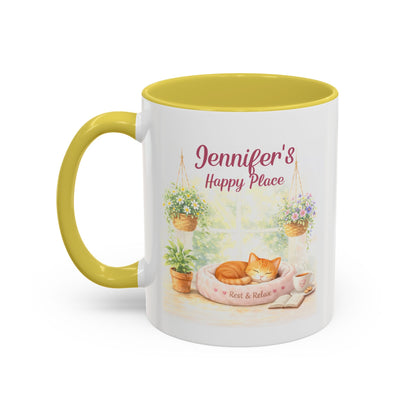 Personalized Name Cat Mug - Custom "Happy Place" Ceramic Mug for Cat Lovers
