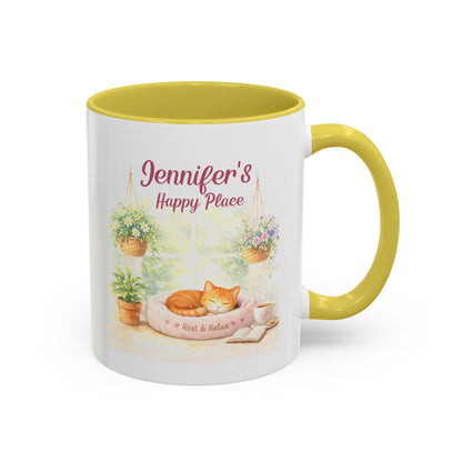 Personalized Name Cat Mug - Custom "Happy Place" Ceramic Mug for Cat Lovers