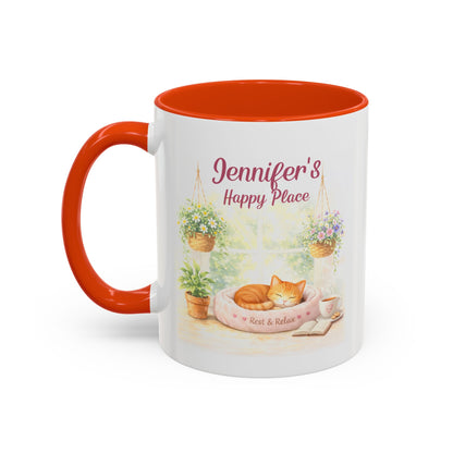 Personalized Name Cat Mug - Custom "Happy Place" Ceramic Mug for Cat Lovers