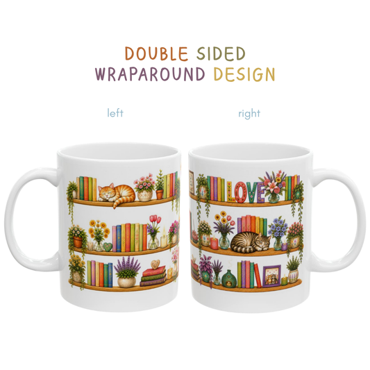 Cozy Cat Bookshelf Mug - Cottagecore Books & Flowers Coffee Cup for Book Lovers