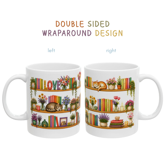 Cozy Cat Lover Botanical Bookshelf Mug - Cottagecore Flowers and Cats Coffee Cup for Readers & Book Lovers