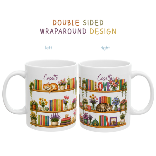 Personalized Cozy Bookshelf Mug, Custom Name Cat Mug, Cottagecore Book Lover Gift, Wraparound Floral Cat Mug, Personalized Gift for Her