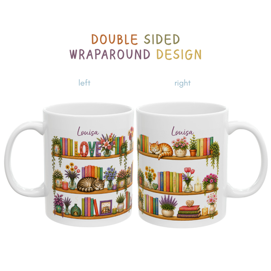 Custom Name Cozy Floral Bookshelf Mug - Cottagecore Cat Lover Coffee Cup for Reader & Bookworms