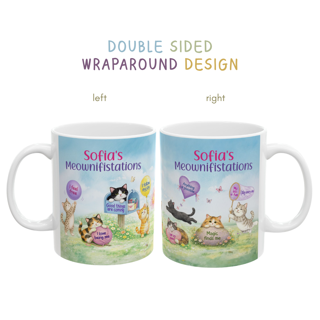 Personalized My Daily Meownifistations Mug - Positive Affirmation Cat Coffee Cup - Custom Name Gift for Cat Lovers