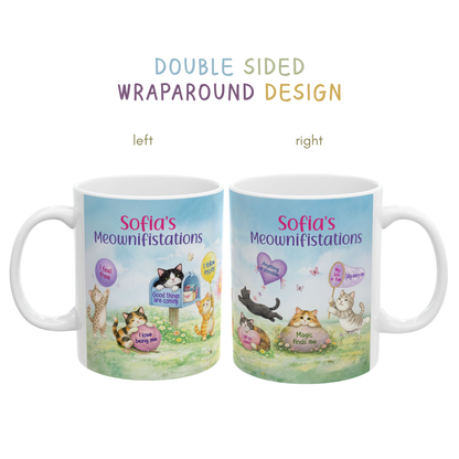 Personalized My Daily Meownifistations Mug - Positive Affirmation Cat Coffee Cup - Custom Name Gift for Cat Lovers