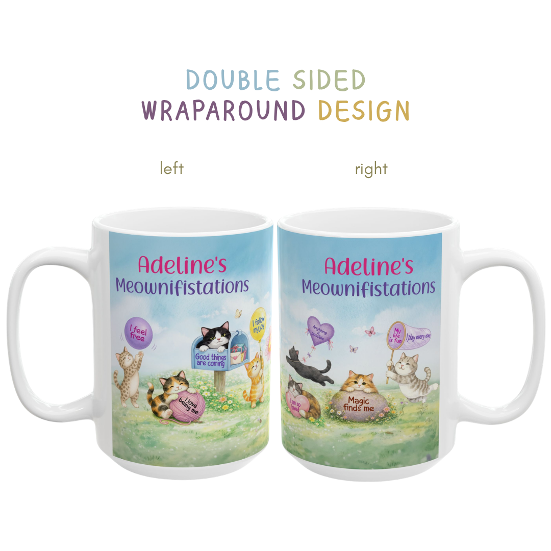 Personalized My Daily Meownifistations Mug - Positive Affirmation Cat Coffee Cup - Custom Name Gift for Cat Lovers