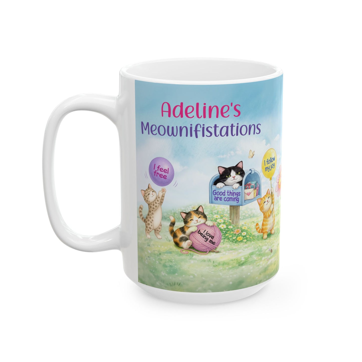 Personalized My Daily Meownifistations Mug - Positive Affirmation Cat Coffee Cup - Custom Name Gift for Cat Lovers