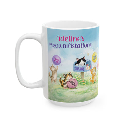 Personalized My Daily Meownifistations Mug - Positive Affirmation Cat Coffee Cup - Custom Name Gift for Cat Lovers