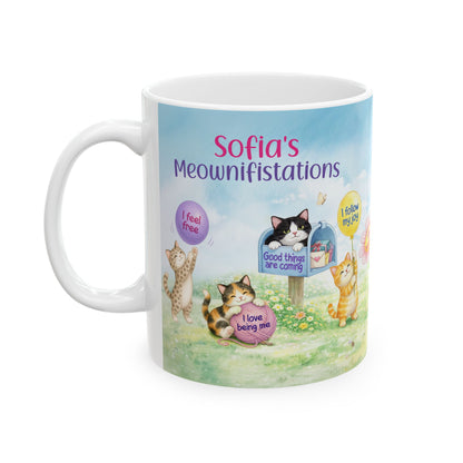 Personalized My Daily Meownifistations Mug - Positive Affirmation Cat Coffee Cup - Custom Name Gift for Cat Lovers