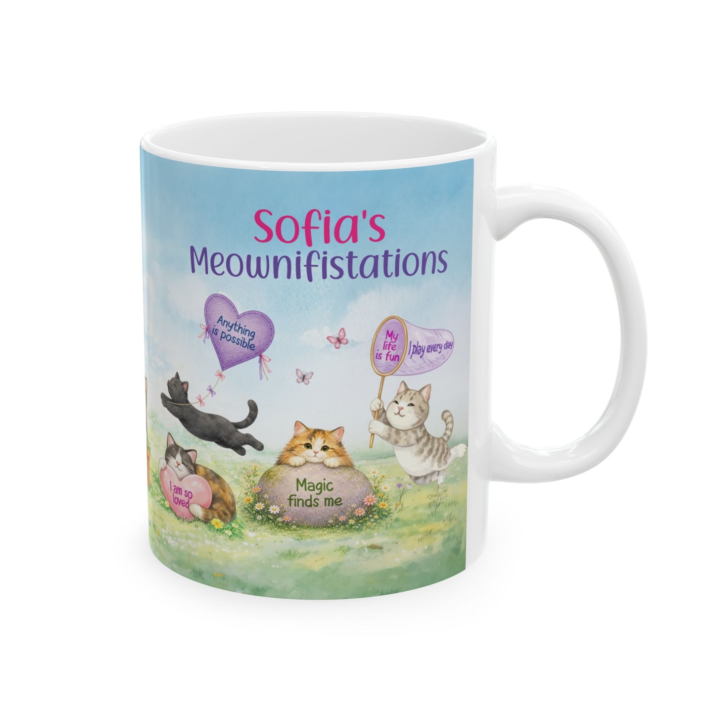 Personalized My Daily Meownifistations Mug - Positive Affirmation Cat Coffee Cup - Custom Name Gift for Cat Lovers