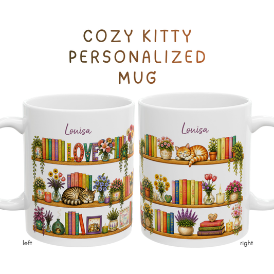 Custom Name Cozy Floral Bookshelf Mug - Cottagecore Cat Lover Coffee Cup for Reader & Bookworms