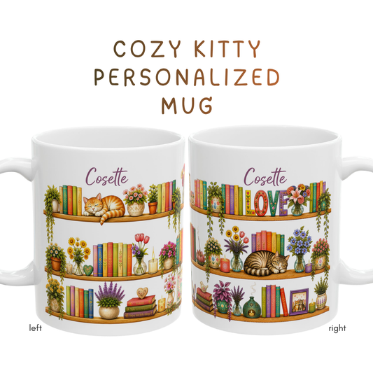 Personalized Cozy Bookshelf Mug, Custom Name Cat Mug, Cottagecore Book Lover Gift, Wraparound Floral Cat Mug, Personalized Gift for Her