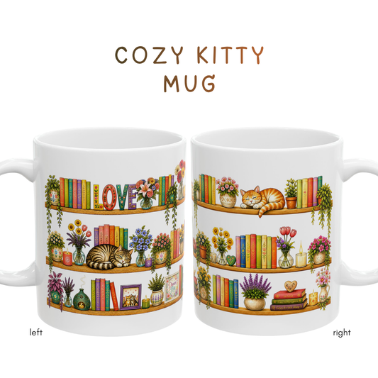 Cozy Cat Lover Botanical Bookshelf Mug - Cottagecore Flowers and Cats Coffee Cup for Readers & Book Lovers