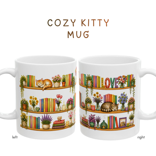 Cozy Cat Bookshelf Mug - Cottagecore Books & Flowers Coffee Cup for Book Lovers