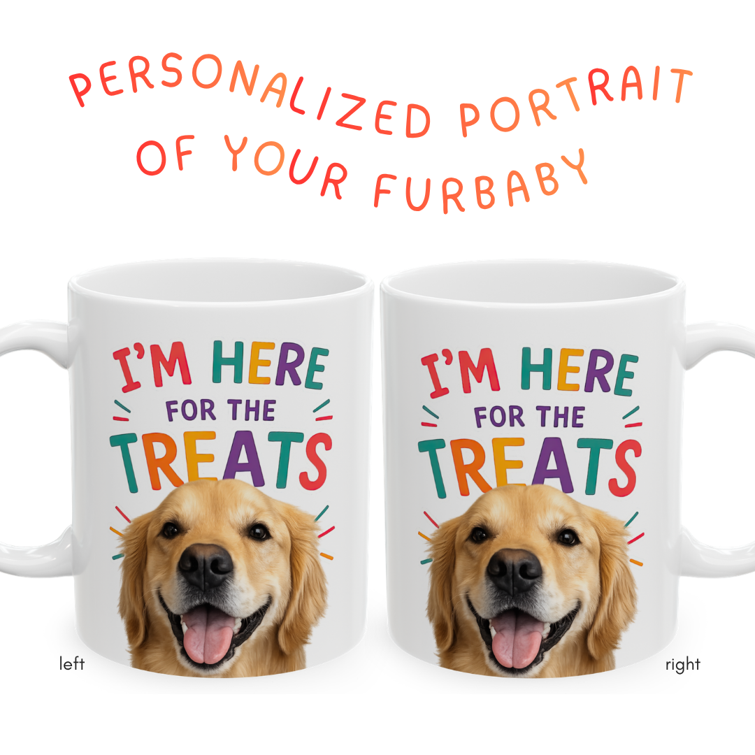 Personalized “I’m Here for the Treats”Dog Mug | Custom Pet Photo Color Accent Mug |  Funny Dog Lover Gift