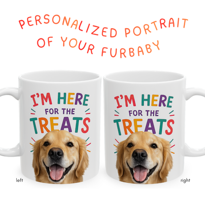 Personalized “I’m Here for the Treats”Dog Mug | Custom Pet Photo Color Accent Mug |  Funny Dog Lover Gift
