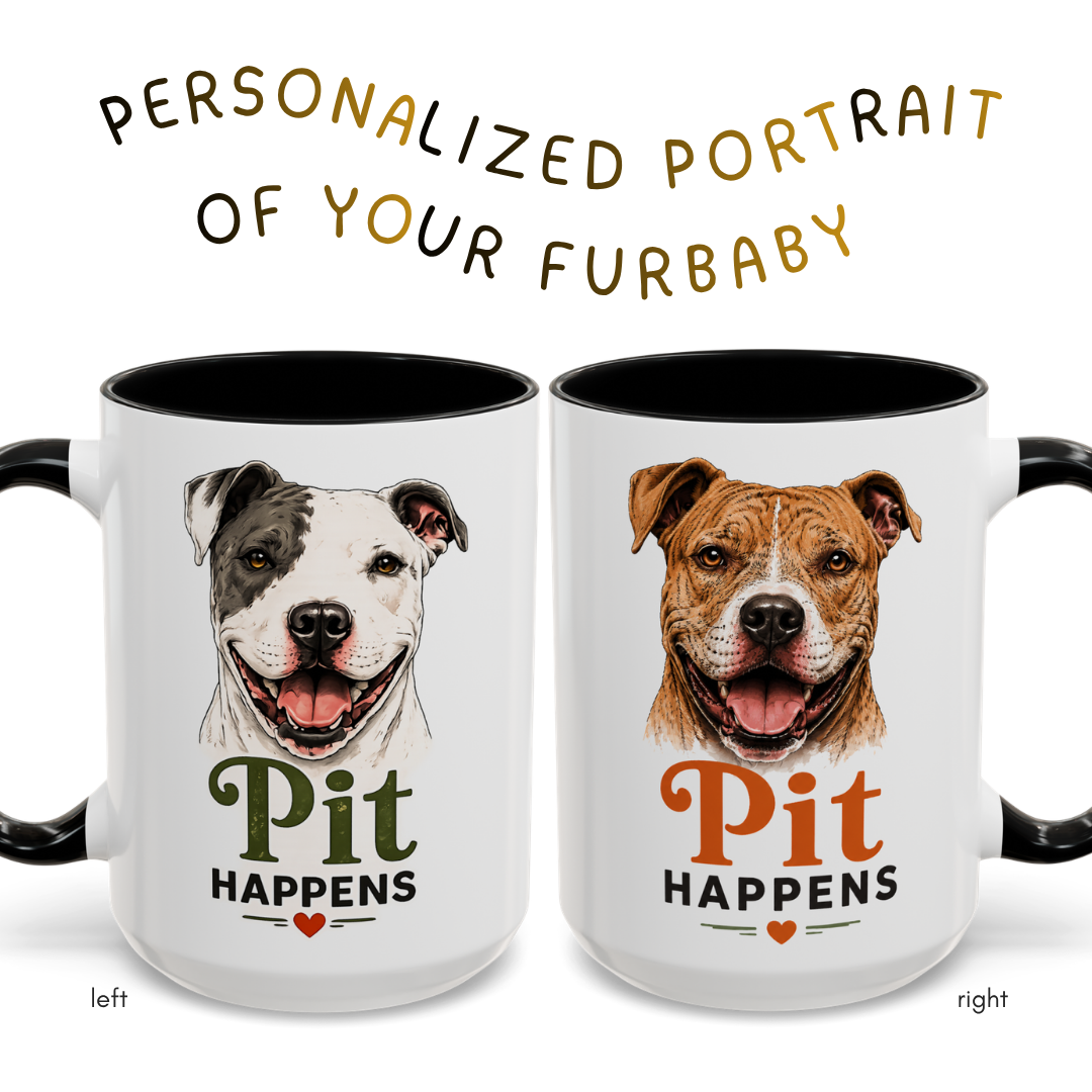 Pit Happens Black Accent Mug - Funny Pitbull Mug for Pit Bull Lovers - Cute Two Sided Pitbull Coffee Mug for Dog Moms & Dog Dads