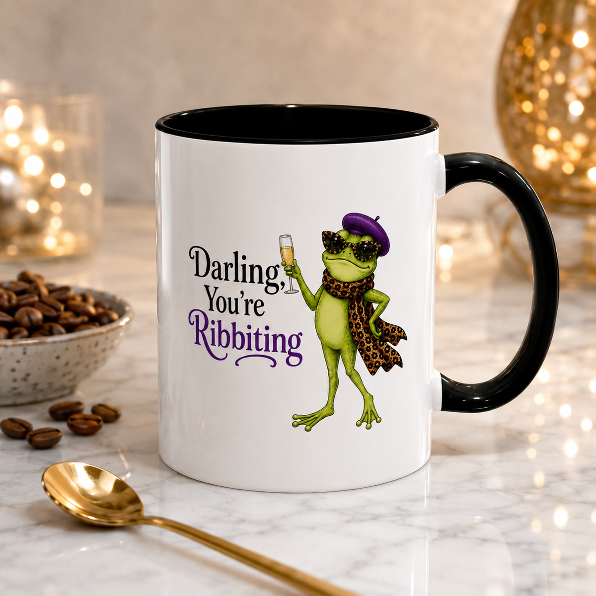 Darling You're Ribbiting Frog Mug | Funny Fashion Frog Coffee Mug | Glam Frog Gift for Women | Colored Mug