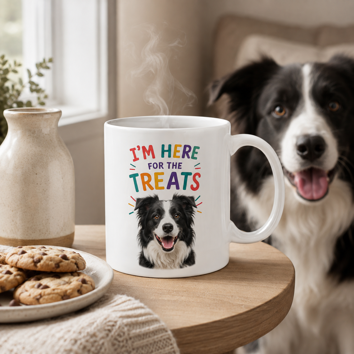 Personalized “I’m Here for the Treats”Dog Mug | Custom Pet Photo Color Accent Mug |  Funny Dog Lover Gift