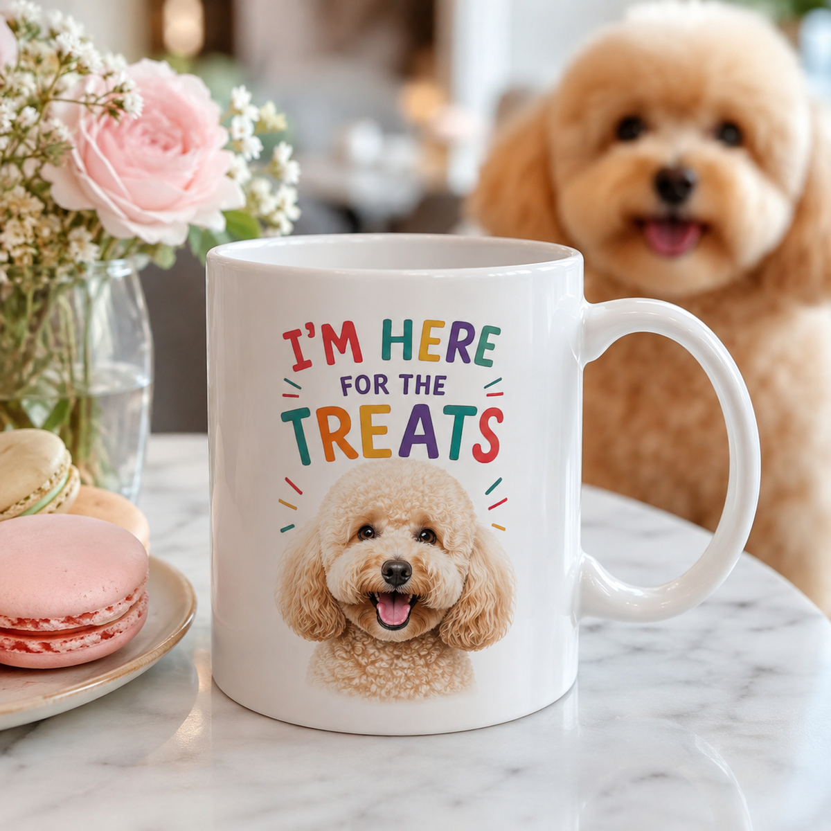 Personalized “I’m Here for the Treats”Dog Mug | Custom Pet Photo Color Accent Mug |  Funny Dog Lover Gift