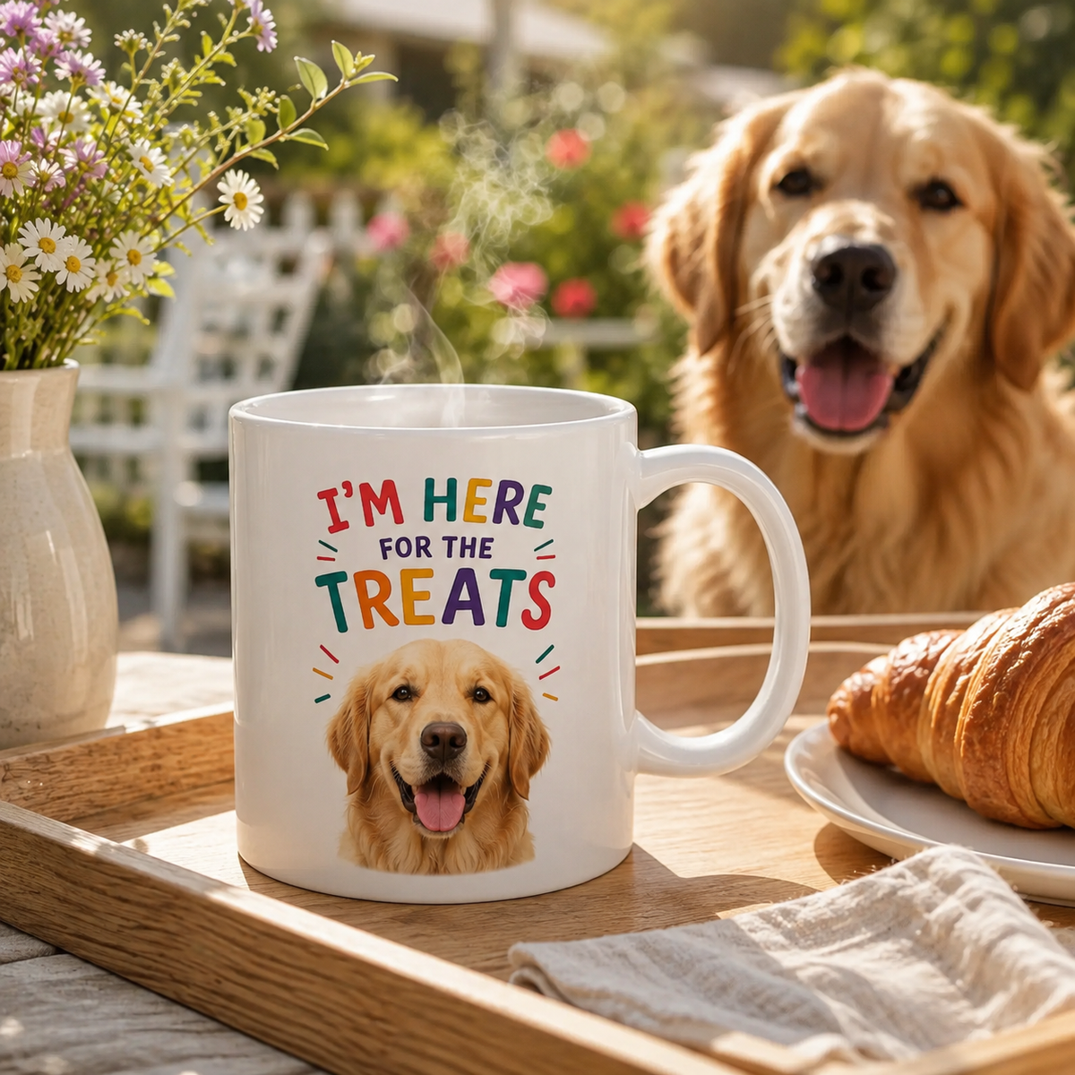 Personalized “I’m Here for the Treats”Dog Mug | Custom Pet Photo Color Accent Mug |  Funny Dog Lover Gift