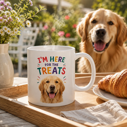Personalized “I’m Here for the Treats”Dog Mug | Custom Pet Photo Color Accent Mug |  Funny Dog Lover Gift