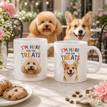 Personalized “I’m Here for the Treats”Dog Mug | Custom Pet Photo Color Accent Mug |  Funny Dog Lover Gift