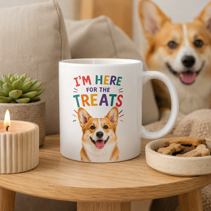 Personalized “I’m Here for the Treats”Dog Mug | Custom Pet Photo Color Accent Mug |  Funny Dog Lover Gift