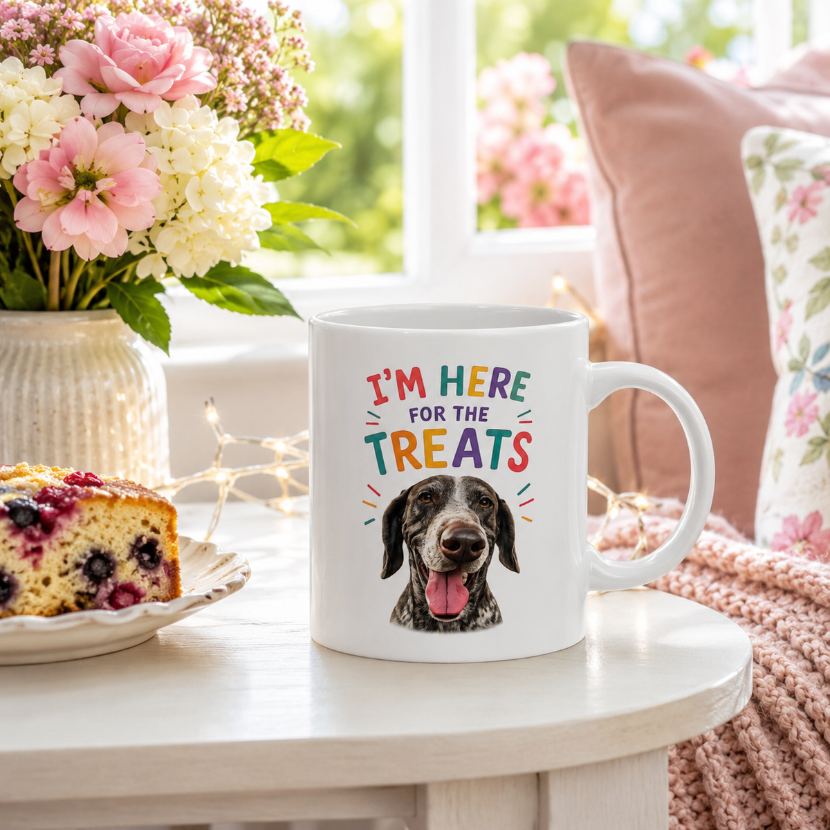 Personalized “I’m Here for the Treats”Dog Mug | Custom Pet Photo Color Accent Mug |  Funny Dog Lover Gift