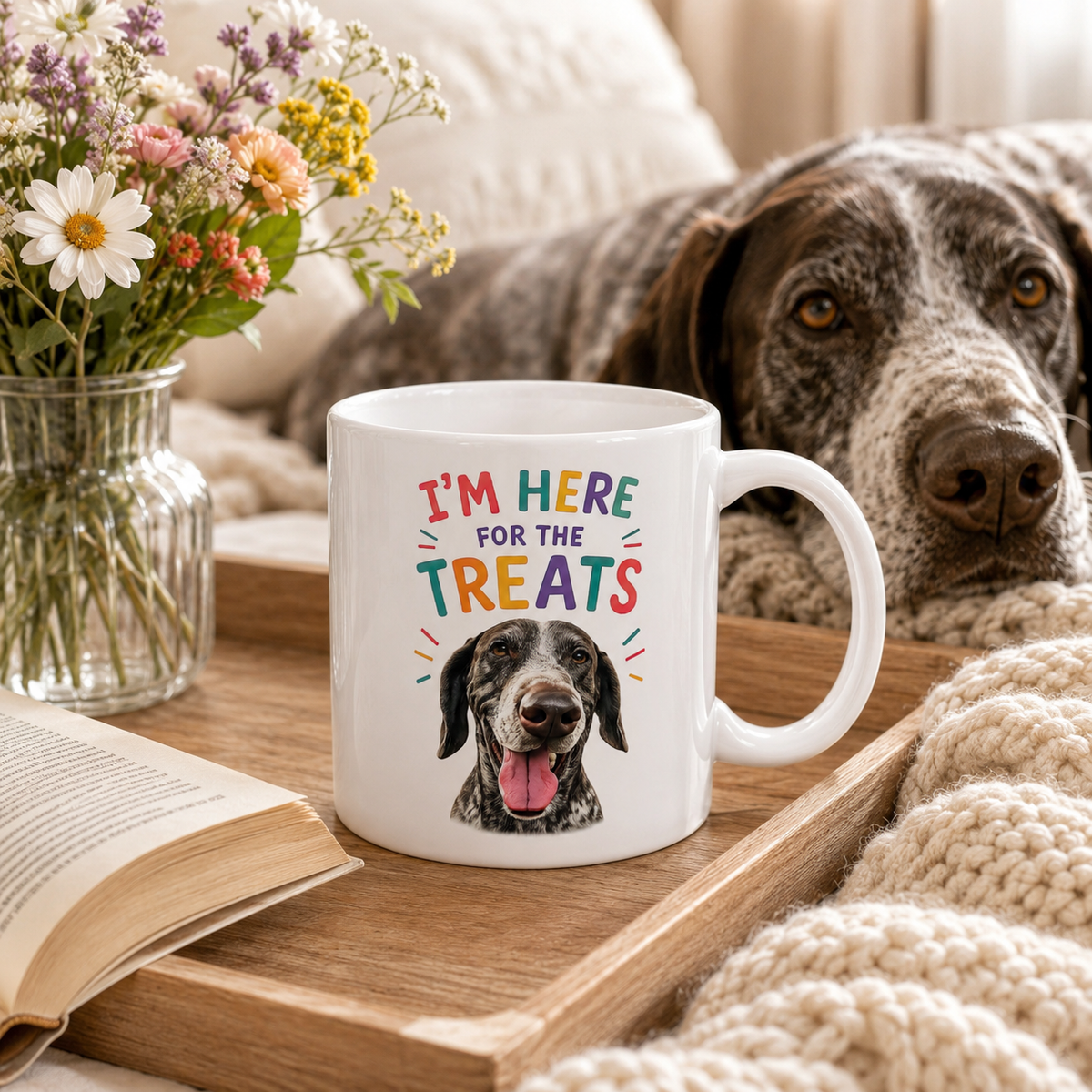 Personalized “I’m Here for the Treats”Dog Mug | Custom Pet Photo Color Accent Mug |  Funny Dog Lover Gift