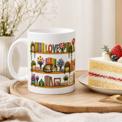 Cozy Bookshelf Mug — 'LOVE' Floral Shelves with Cat & Plants (11oz)