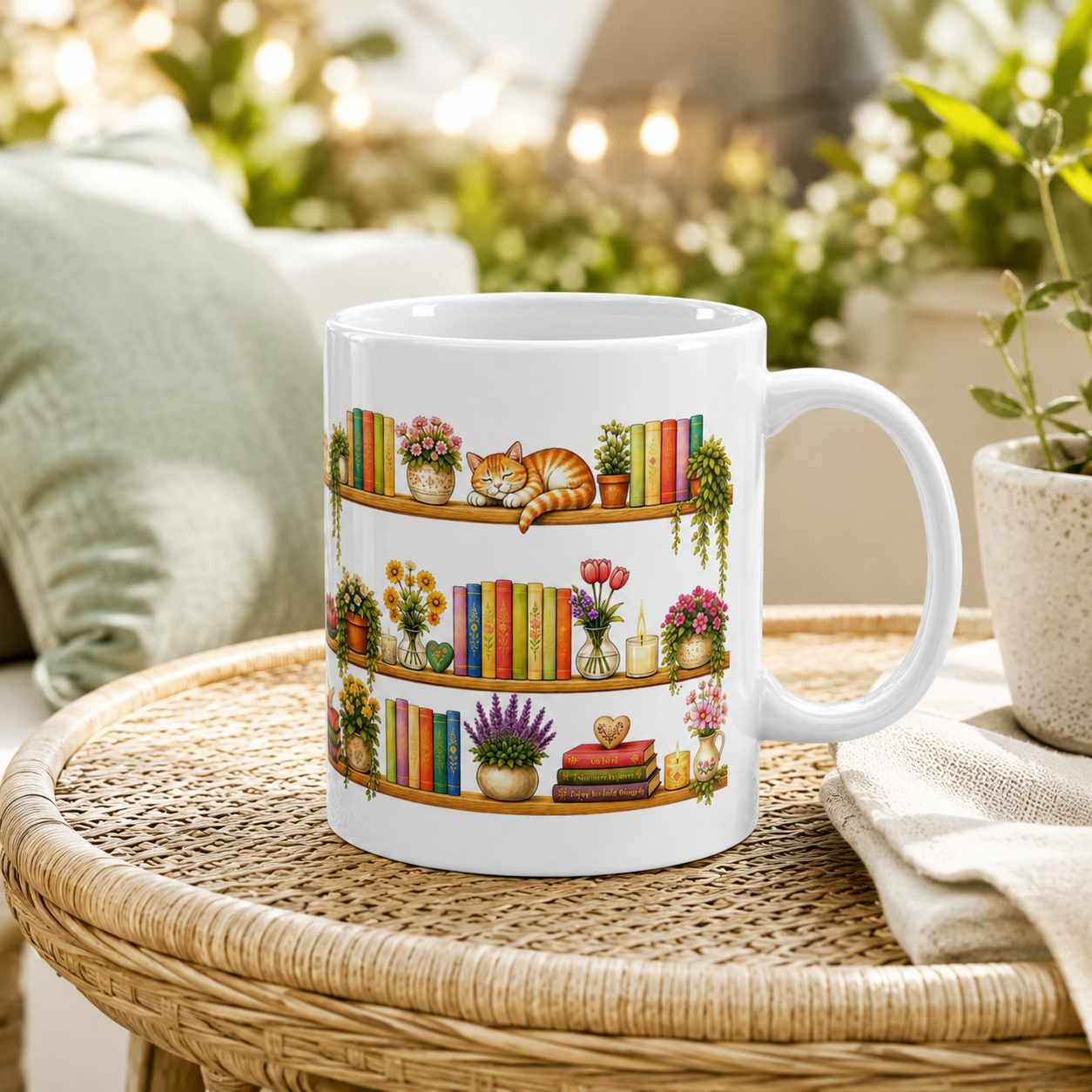 Cozy Bookshelf Mug — 'LOVE' Floral Shelves with Cat & Plants (11oz)