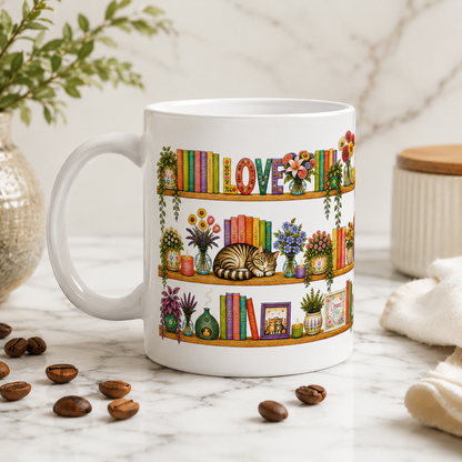 Cozy Bookshelf Mug — 'LOVE' Floral Shelves with Cat & Plants (11oz)