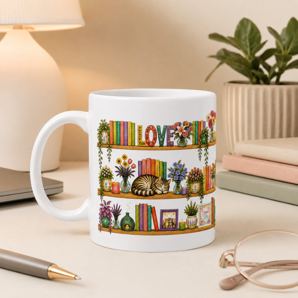 Cozy Bookshelf Mug — 'LOVE' Floral Shelves with Cat & Plants (11oz)