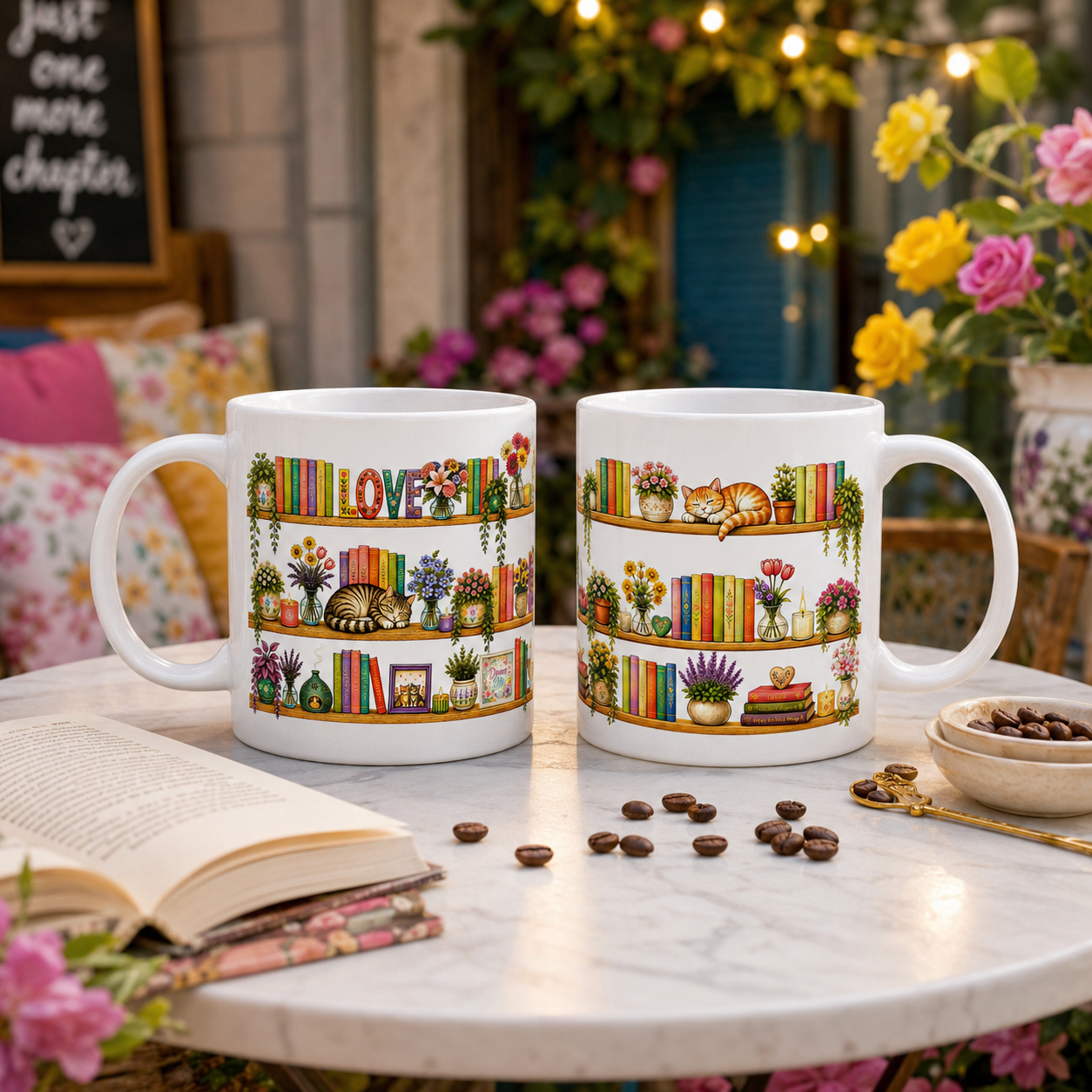 Cozy Bookshelf Mug — 'LOVE' Floral Shelves with Cat & Plants (11oz)