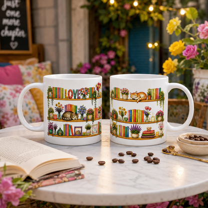 Cozy Bookshelf Mug — 'LOVE' Floral Shelves with Cat & Plants (11oz)